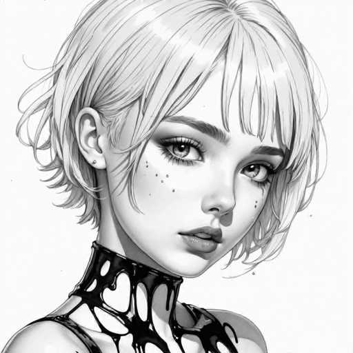 This image features a detailed black and white drawing of a young girl, likely around 10 to 12 years old. The artwork is square in shape, with the girl's head occupying the majority of the space. She has short, light-colored hair that is styled with bangs and a few wispy strands framing her face. Her hair is parted on the side, with some strands tucked behind her ear. 

Her facial features are quite expressive, with large, light-colored eyes that are accentuated by long eyelashes and dark eyebrows. She has a small, button-like nose and full lips that are slightly parted, revealing her top teeth. Her cheeks are adorned with freckles, adding to her youthful appearance.

The girl is wearing a black choker that appears to be made of leather, with intricate cut-out patterns. The choker extends down her neck and onto her shoulders, where it transitions into a black leather top. The top is sleeveless, leaving her shoulders bare. The drawing captures her from the shoulders up, with the background being a plain white, which makes the detailed features of her face and attire stand out prominently.