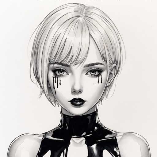 This image features a striking black and white sketch of a woman with a distinct anime-inspired style. The woman has short, light-colored hair that falls just below her ears, with bangs framing her face. Her eyes are large and expressive, with tears streaming down her cheeks in a dramatic, black, paint-like substance. Her lips are painted a bold black, adding to her intense expression. She is dressed in a high-collared, sleeveless black dress that appears to be made of leather or a similar material, with the fabric flowing down her chest in a way that suggests wetness. The background is a light gray, providing a stark contrast to the dark elements of her attire and features. The overall composition is highly detailed and evocative, capturing a sense of melancholy and intensity.
