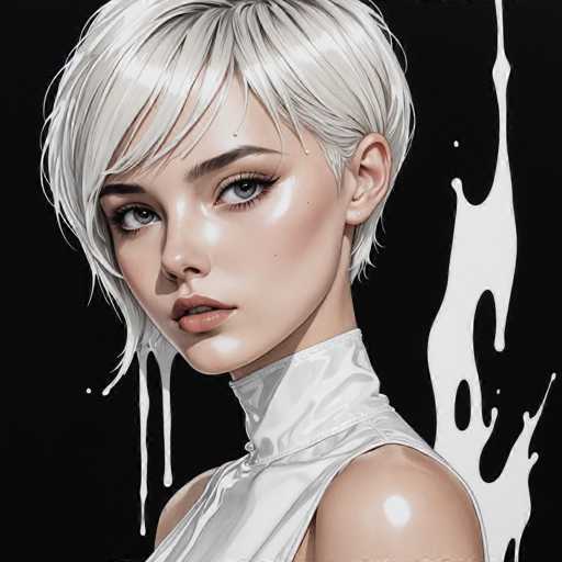 This image features a highly detailed, computer-generated portrait of a young woman with short platinum blonde hair. She has striking blue eyes and is wearing a sleeveless white top with a high collar that extends up to her neck. Her makeup is meticulously applied, with noticeable lipstick and eye shadow, and she has a small earring in her left ear. The woman is positioned with her body facing left, but her head is turned towards the viewer, creating a captivating gaze. The background is predominantly black, accentuated by a white, paint-like splash on the right side, adding a dynamic contrast to the composition.