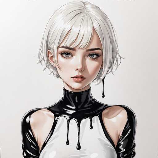 The image depicts a young woman with blonde hair and blue eyes wearing a black and white outfit that includes a top hat and a necklace of liquid. The background is plain white, which contrasts with the dark clothing and highlights the subject's features.