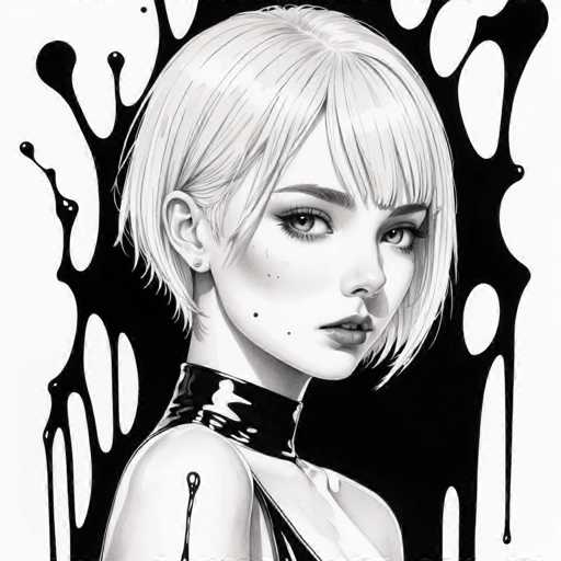 This black and white illustration features a young woman with short blonde hair, styled in a bob with bangs. She is depicted in a side profile, facing to the right, with her head slightly turned towards the viewer. Her expression is neutral, and she has a small mole on her cheek. She is wearing a black leather choker and a sleeveless black leather top that reveals her shoulders and upper chest. The background is predominantly white, adorned with a striking black splash that resembles ink or paint, creating an abstract pattern behind her head and shoulders. The overall composition is simple yet evocative, with the contrast between the white background and the black elements drawing attention to the woman's figure.