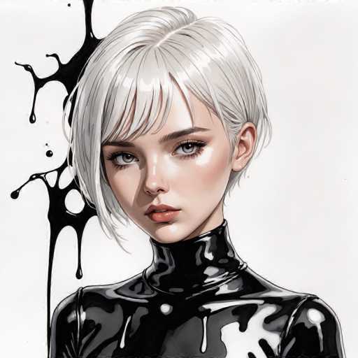This image features a striking, computer-generated portrait of a young woman with short, platinum blonde hair. Her hair is styled in a bob with bangs that frame her face, and it appears to be slightly wet, adding a glossy sheen. She has captivating gray eyes and is wearing a black, shiny turtleneck that extends up to her neck. Her lips are painted a vivid red, and she gazes directly at the viewer with a serious expression. The background is predominantly white, but there is an intriguing detail on the left side: a black, paint-like substance that appears to be dripping down, creating a dynamic contrast against the otherwise clean backdrop. The overall composition is minimalist, focusing attention on the woman's striking features and the mysterious black paint.