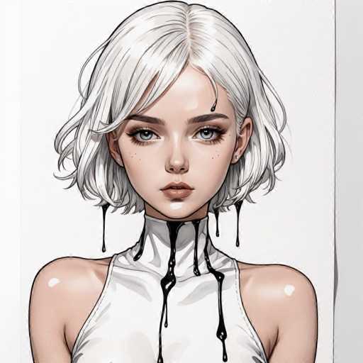 This image showcases a detailed drawing of a young woman, likely in her late teens or early twenties. The artwork is set against a white background, with a gray border on the right side. The woman has striking, short white hair that falls just above her shoulders. Her hair is parted in the middle, with a bang sweeping to the left side of her face. She has a fair complexion, accentuated by her large, expressive blue eyes. Her eyebrows are dark, and she has a full, slightly pouty mouth. She is adorned with small white earrings, adding a touch of elegance to her appearance.

Her attire is a white sleeveless top, which contrasts with the black paint that drips down from her neck and shoulders, creating a dramatic effect. The black paint also forms a distinctive V-shape on her chest. The woman's shoulders are slightly angled, with her left shoulder appearing marginally higher than her right. Her arms are positioned downward, and the drawing captures her up to just below her chest. The overall composition is striking, with the interplay of the white background, gray border, and the woman's detailed features creating a visually compelling piece.