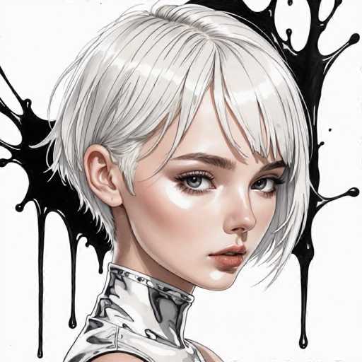 The image features a young woman with short, white hair styled in a bob that frames her face. She has striking blue eyes and is wearing a sleeveless, silver top with a high collar that extends up to her neck. Her makeup is subtle, with light pink lipstick and a touch of blush on her cheeks. The background is predominantly white, adorned with a black, paint-like splash that adds a dramatic contrast to the composition. The woman is positioned centrally in the image, gazing directly at the viewer with a neutral expression. The overall style of the image is cartoonish, emphasizing the woman's features and the stark contrast between her white hair and the black splash behind her.