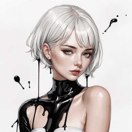 This image features a detailed drawing of a young woman with short, silver hair that falls just below her ears. She has striking blue eyes and is adorned with a single black stud earring in her right ear. Her lips are painted a vivid red, adding a touch of color to her otherwise monochromatic palette. The woman is dressed in a white top, which is partially obscured by a black, paint-like substance that appears to be dripping down her body. This black liquid starts at her neck and cascades over her shoulders, creating a stark contrast against her pale skin. The background is a light gray, providing a neutral backdrop that makes the woman's features and the black liquid stand out prominently.