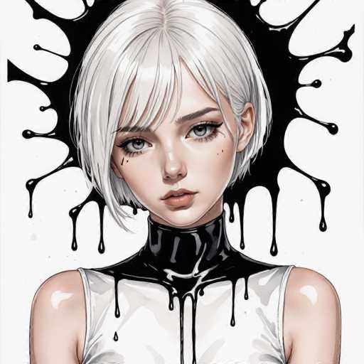 This image features a striking, computer-generated portrait of a young woman with short, platinum blonde hair. Her hair is styled in a bob cut with bangs that frame her face. She has captivating blue eyes and is adorned with subtle makeup, including a touch of blush on her cheeks and a hint of lipstick. Her expression is neutral, with her mouth slightly open, revealing her top teeth.

The woman is dressed in a sleeveless white top, which appears to be made of a shiny material. The neckline of her top is particularly notable, as it seems to be crafted from a black, paint-like substance that drips down her chest. This same black paint forms a dramatic, splatter-like background behind her head, adding a dynamic and artistic element to the image. The paint splatter extends outward, creating an impression of movement and fluidity.

The overall composition of the image is centered, with the woman's face and upper body as the focal point. The contrast between her pale skin and the dark, paint-like elements creates a visually arresting effect, making the portrait both modern and artistic.