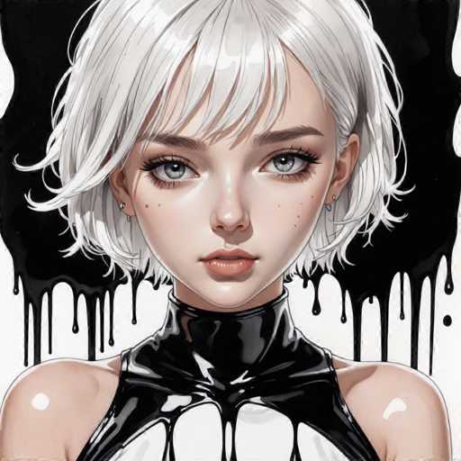 This image features a striking, computer-generated depiction of a young woman with short, white hair and blue eyes. She is adorned with small earrings and has a few freckles on her face. Her expression is serious, with her mouth slightly open, revealing her top teeth. She is dressed in a black leather outfit that extends up to her neck, leaving her shoulders bare. The background is predominantly black, with a dripping effect that adds to the dramatic atmosphere. The image is square-shaped, and the woman's head is positioned at the top, while her shoulders are at the bottom. The overall composition is centered, with the woman's face as the focal point.