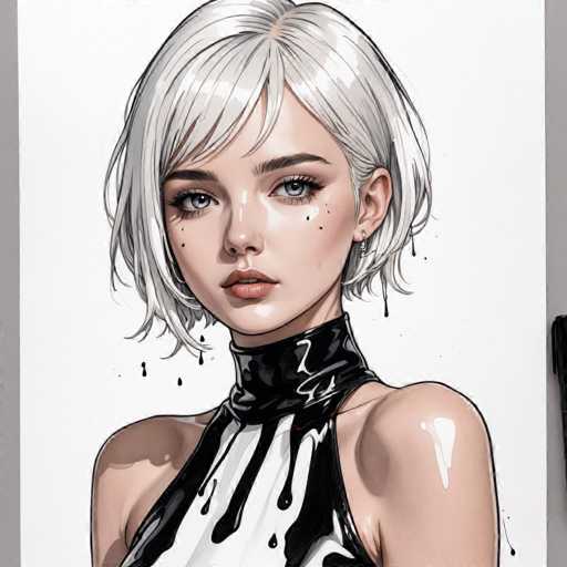 This detailed illustration depicts a young woman with short, white hair that appears to be either short or styled in a bob. She has striking blue eyes and is adorned with small earrings. Her lips are painted a soft pink, adding a touch of color to her serene expression. She is dressed in a black and white top, which features a unique design with black paint seemingly dripping down the front. The top is sleeveless, revealing her shoulders and upper arms. The background is a clean, white canvas, emphasizing the subject's features and attire. The overall composition is simple yet captivating, drawing attention to the woman's delicate features and the intriguing contrast of her outfit.