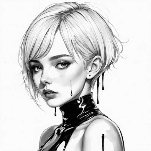 This black and white illustration features a young woman with a striking, short pixie haircut, her hair meticulously parted on the side. Her bangs are slightly longer, adding a touch of softness to her otherwise sharp look. She gazes directly at the viewer with large, expressive eyes that are accentuated by thick, dark eyebrows and long eyelashes. Her lips are painted a bold red, providing a stark contrast to the monochromatic palette of the image.

A notable detail is the black liquid that appears to be dripping from her left ear, creating an intriguing and somewhat mysterious element. The woman is adorned in a high-collared, black leather dress that exudes an edgy, avant-garde vibe. The dress is form-fitting, hugging her shoulders and adding to the overall dramatic effect of the illustration.

The background is a clean, stark white, which further emphasizes the intricate details and textures of the woman's features and attire. The illustration is devoid of any text, allowing the viewer to fully immerse in the visual narrative presented.
