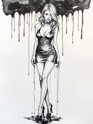 A black and white line drawing depicting a woman with blonde hair wearing a short dress and high heels standing on one leg against a plain white background.