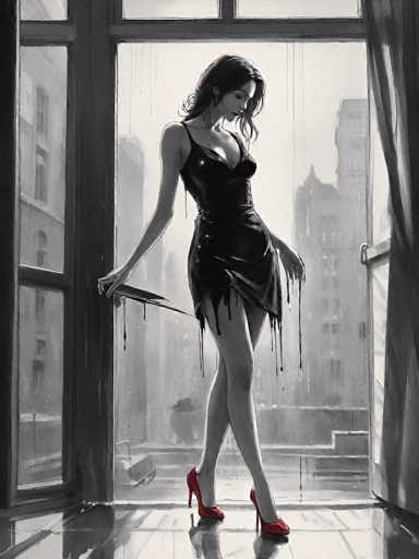The image depicts a striking black and white scene with a touch of color. In the center, a woman stands poised in front of a large, open window, framed by a dark wooden door frame. She is wearing a sleek, black dress that appears to be made of leather or satin, with thin straps and buttons down the front. The dress is notably short, ending just above her knees, and intriguingly, it seems to be dripping or melting, with drips of black liquid flowing down its hem and even onto the floor. Her accessories include vibrant red high heels, which stand out as the only splash of color in the monochromatic setting.

The woman has long, dark hair that cascades down to her shoulders, and she is looking down at the ground, her expression serene and contemplative. The room's floor is shiny, reflecting the light that streams in through the window, which offers a view of tall buildings outside, suggesting an urban setting. The overall composition of the image is both elegant and surreal, blending elements of realism with a dreamlike quality.