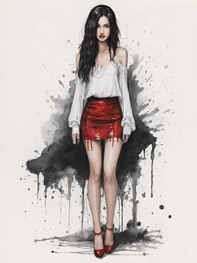 This detailed watercolor painting depicts a young woman, likely in her late teens or early twenties, with long, dark black hair cascading over her shoulders. She stands confidently, facing the viewer, with a serious expression and red lipstick accentuating her features. Her attire includes a white, long-sleeved top that drapes off her left shoulder, revealing her bare left arm. She pairs this with a short, red leather mini skirt that ends just above her knees, and red high-heeled shoes with ankle straps. The background is a blend of light gray and white, with a dramatic splash of dark gray and black paint behind her, creating an abstract, almost chaotic effect. The painting's style is loose and expressive, with the paint appearing to drip and splatter, adding to the dynamic and modern feel of the artwork.