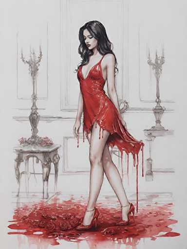 The image is a detailed, colored pencil drawing of a woman with long, dark hair, dressed in a low-cut, red dress that appears to be made of leather or vinyl. The dress is sleeveless with thin straps over her shoulders and features a slit on the right side, revealing her leg. She is wearing red high heels and is positioned in the center of the image, walking towards the left. The dress is adorned with blood dripping from the bottom, and she is stepping on a pool of blood that covers the floor. The background is a light gray, almost white, with two tall candlesticks on either side of her, each holding three candles. The setting appears to be a room with a white wall and a gray floor. The overall style of the artwork is detailed and somewhat realistic, with the woman being the only colored element in an otherwise monochromatic background.