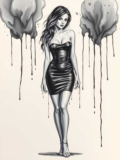 A black and white illustration depicting a woman wearing a strapless dress with her hair styled in loose waves. The background features two large, dripping water droplets that appear to be falling from the sky.
