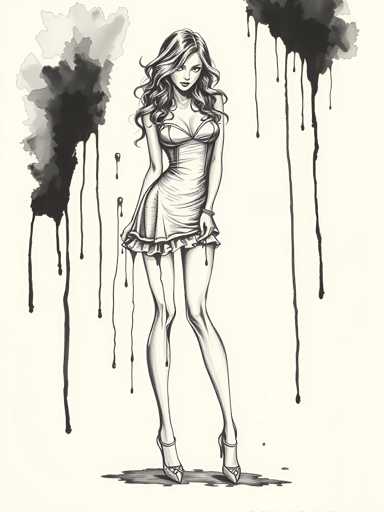 A black and white line drawing depicting a woman with long hair wearing a short dress and high heels standing on one leg against a backdrop of water droplets falling from the sky.