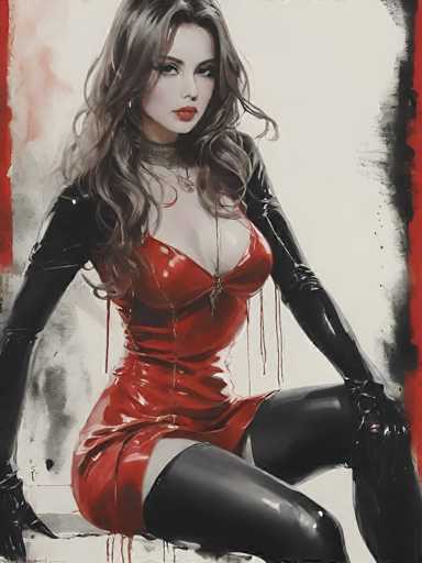 This image is a detailed painting of a woman with long, wavy brown hair cascading down to her chest. She is seated on a gray surface, leaning slightly to her right, with her left leg bent and her right leg extended. The woman is dressed in a striking red dress that is low-cut, revealing a significant portion of her chest, and features a zipper running down the front. The dress is form-fitting, accentuating her figure, and has a short hemline that exposes her upper thighs. She is also wearing black thigh-high stockings and black gloves that extend up to her elbows. Her outfit is complemented by a choker necklace with a long pendant that nearly reaches her belly button. The background is predominantly white with red and black accents, adding a dramatic contrast to the overall composition.