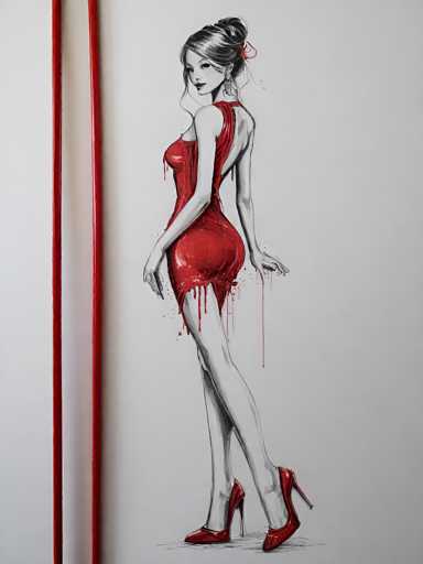 The image depicts a woman wearing a red dress and high heels standing against a white background with her left hand resting on her hip and her right hand lightly touching the ground. The woman is positioned in front of two red poles that are slightly overlapping each other.