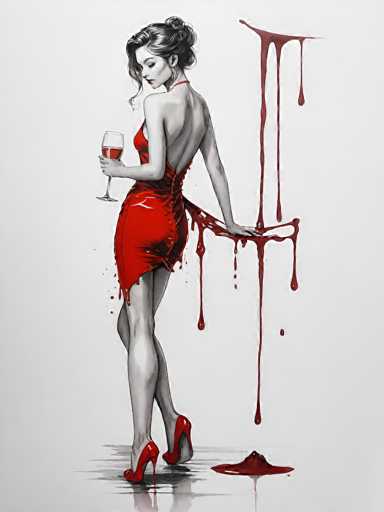 The image is a detailed, black-and-white drawing of a woman in a striking red dress, set against a light gray background. The woman, who has pale skin and dark hair styled in a bun with bangs framing her face, is depicted from the back but is turning her head to look over her shoulder. She is wearing a low-cut, backless red dress that appears to be made of leather or satin, with straps around her neck and a slit on the back. Her red high heels match the dress, and she holds a wine glass filled with red liquid in her right hand. The dress is dramatically torn at the back, revealing more of her skin and allowing red liquid to drip down her back and onto the floor. The red liquid pools on the floor, creating a puddle beneath her, and also drips from her dress and the wine glass. The woman's head is slightly tilted, and she wears a serious expression, adding to the dramatic and somewhat mysterious atmosphere of the scene.
