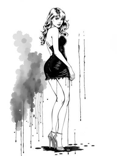 The image is a black and white line drawing depicting a woman with long blonde hair wearing a short dress and high heels. The background features a vertical striped pattern that adds depth to the composition.