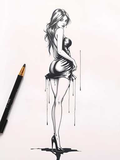 A black and white line drawing of a woman with long hair wearing a dress and high heels standing on one leg against a plain white background.