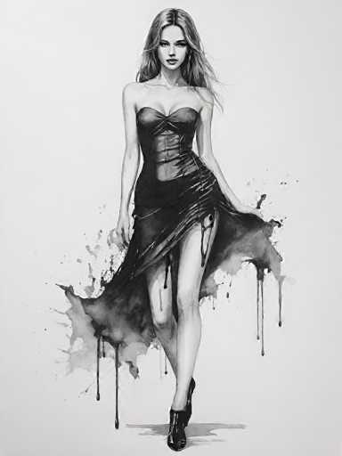 A black and white ink wash illustration of a woman in a flowing, strapless dress. The dress is cinched at the waist with a corset-style bodice and features a dramatic, asymmetrical skirt that drapes to the floor. The ink wash technique creates soft edges and splatters, giving the artwork a dynamic and artistic feel. The woman's hair is long and wavy, cascading over her shoulders. She looks directly at the viewer with a serious expression. The overall style is reminiscent of a fashion illustration, emphasizing elegance and movement.