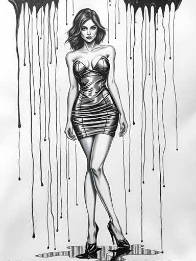 The image is a detailed black and white drawing of a woman standing confidently. She has short, wavy hair that falls just below her chin and is parted in the middle. Her expression is serious, with her eyes looking directly at the viewer. She is wearing a strapless, tight-fitting dress that accentuates her figure, ending just above her knees. The dress features horizontal lines and appears to be made of a shiny material, possibly leather or plastic. Her arms hang naturally by her sides, and she is wearing black high heels. The background is predominantly white, with black paint dripping down from the top left and right corners, creating a puddle of black paint beneath her feet. The overall composition is striking, with the woman's bold stance and the dramatic paint drips creating a visually compelling scene.