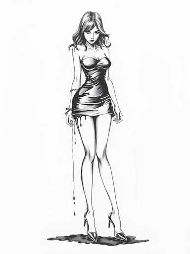 This black and white illustration depicts a tall, slender woman with long, wavy hair that cascades down to her shoulders. She is wearing a strapless, short dress that appears to be made of a shiny, satin-like material, possibly leather or vinyl. The dress is adorned with a bow at the back and features a slit that reveals her upper thighs. Her arms are relaxed at her sides, and she is wearing high heels. The woman's expression is serious, and she gazes directly at the viewer. Notably, the dress appears to be dripping, with liquid flowing down from the bottom and pooling around her feet, creating a puddle on the ground. The entire image is rendered in shades of black, white, and gray, emphasizing the contrast and texture of the dress and the puddle beneath her feet.