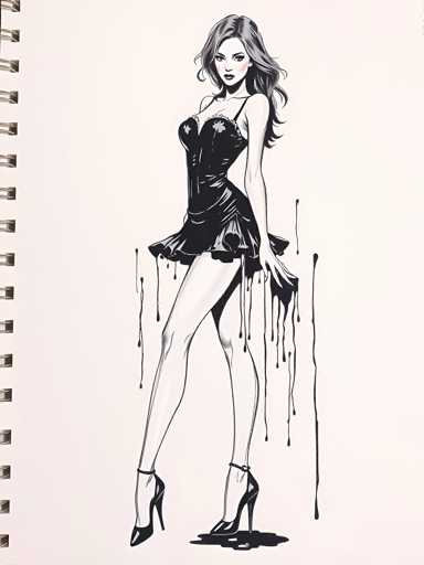 The image is a black and white line drawing depicting a woman with long hair wearing a dress and high heels. The woman's pose suggests she is standing confidently on her toes or balancing on one leg. The background of the drawing is plain white, which contrasts with the dark tones used for the woman's attire and features.