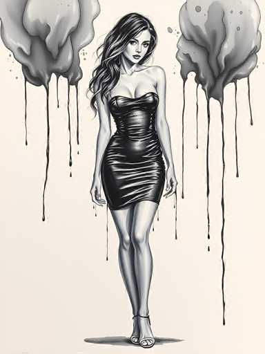The image is a detailed black and white drawing of a young woman, likely in her early 20s, with long, wavy hair cascading over her right shoulder. She is dressed in a tight, strapless black dress that accentuates her figure, ending just above her knees. Her arms hang straight down by her sides, and she is wearing high-heeled shoes with straps around her ankles. The woman's head is slightly tilted to the right, and she gazes directly at the viewer with a neutral expression. The background is a light gray, almost white, and features two large, cloud-like shapes on either side of her head. These clouds are dripping black liquid, which cascades down the image, creating a striking contrast against the light background. The overall composition is vertical, with the woman centered in the frame.