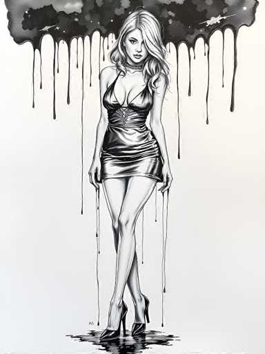This black and white illustration features a strikingly beautiful woman with long, wavy blonde hair cascading over her shoulders. She is dressed in a tight, low-cut leather dress that accentuates her curvaceous figure, paired with high heels. The woman stands with her legs crossed, exuding confidence and allure. Behind her, a dark, ominous cloud drips with what appears to be blood, creating a stark contrast against the white background. The cloud, detailed with stars and two small spaceships, adds a surreal, almost sci-fi element to the scene. The woman's head is slightly tilted to the right, and she gazes directly at the viewer, her expression enigmatic. The overall composition, with its intricate details and dramatic elements, evokes a sense of mystery and intrigue.