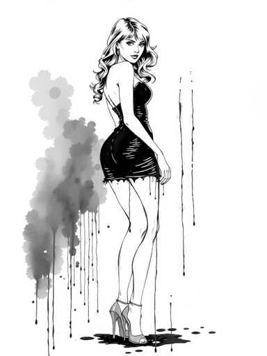 This black and white illustration features a woman with long, curly blonde hair, styled in a way that it cascades down her back and over her shoulders. She is depicted in a side profile, facing to the right, but her head is turned towards the viewer, giving a sense of engagement. The woman is wearing a short, black dress that appears to be made of leather or satin, with a backless design that reveals her shoulders and upper back. The dress has a high slit on the left side, showcasing her long legs, and she is wearing high-heeled shoes with ankle straps. The background is predominantly white, but it is adorned with various gray splotches and drips, particularly noticeable on the left side and behind her. These drips create a dynamic effect, as if paint is running down the image, adding a sense of movement and texture. The overall composition is simple yet striking, with the woman's figure and the abstract background elements creating a visually compelling contrast.