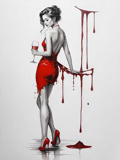 A black and white illustration depicting a woman wearing a red dress with her hair styled in an elegant updo. The woman is holding a glass of wine and standing on a wet floor that has red paint splattered across it.