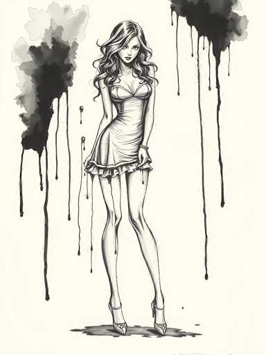 This black and white illustration features a tall, slender woman with long, wavy hair cascading past her shoulders. She is dressed in a short, strapless dress that accentuates her figure, with a ruffled hem that falls just above her knees. The dress has a sweetheart neckline, and she pairs it with high-heeled shoes that have ankle straps. The woman stands with her legs slightly apart, her hands resting on her hips, and her head tilted to the right, gazing directly at the viewer. The background is a light beige, adorned with abstract black splotches and drips that resemble ink or paint, adding a dynamic and somewhat chaotic element to the composition. These dark shapes are particularly concentrated in the top left and right corners, with additional drips extending downwards, creating a stark contrast against the lighter background. The overall effect is a striking and somewhat surreal portrait that blends detailed realism with abstract artistic elements.