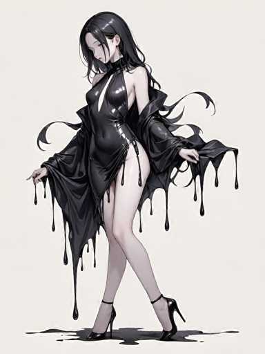 The image depicts a striking anime-style female character with long, black hair cascading down her back. She is dressed in a sleek, black leather dress that features a daring deep V-neckline, revealing a significant portion of her chest. The dress is designed with asymmetrical sleeves; the right sleeve extends to her elbow, while the left sleeve is dramatically longer, reaching down to her wrist. The dress itself is form-fitting, accentuating her figure, and includes a daring slit that extends up to her hip, adding an element of allure.

Her ensemble is completed with a pair of high-heeled shoes, each adorned with a strap that elegantly wraps around her ankles, adding a touch of sophistication. The character's pose is dynamic, with her arms outstretched to the sides, causing the dress to billow out around her. The fabric of the dress appears to be in a state of flux, with parts of it seemingly melting or dissolving, creating an intriguing visual effect. This unique detail adds a surreal, almost dreamlike quality to the image, making it stand out from typical anime art styles.