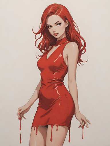 This image features a striking, computer-generated artwork of a young woman with vibrant red hair. She is depicted wearing a form-fitting, red dress that accentuates her figure. The dress has a low neckline, a high slit, and a back zipper. Notably, the dress is adorned with blood dripping from the hem, adding a dramatic and intense element to the piece. The woman's red hair cascades down her back, contrasting beautifully with her fair skin. She has a serious expression, with red lips and a slightly upturned nose. Her eyes are wide and intense, with a noticeable dark circle under her left eye. The background is a simple, light gray, which helps to focus attention on the detailed and captivating portrayal of the woman.