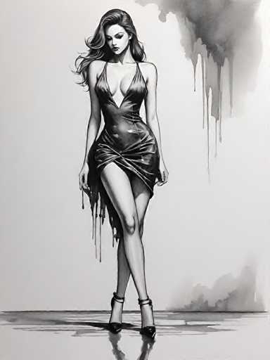 This black and white illustration features a strikingly beautiful woman with long, wavy hair cascading down her back. She is dressed in a provocative, low-cut, sleeveless dress that accentuates her curvaceous figure, with the fabric dramatically dripping down to her ankles. The dress is high-cut, revealing her legs, and she completes her outfit with black high-heeled shoes. The woman stands with her legs crossed, her right leg over her left, and her head tilted down, eyes cast downward, giving her a sultry and alluring expression. The background is a light gray, with darker gray splotches in the upper right corner and lower right corner, adding depth to the composition. The floor beneath her is reflective, mirroring her image and the dripping fabric of her dress, enhancing the overall dramatic effect of the scene.