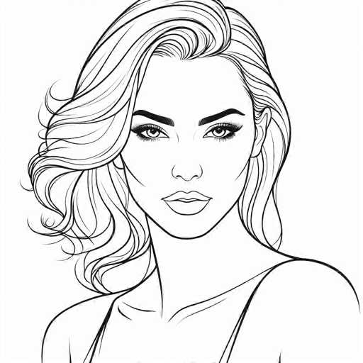 This black and white sketch features a woman with a striking, serious expression. Her face is framed by long, wavy hair that cascades down to her shoulders, with a slight part on the left side. Her dark, thick eyebrows and long eyelashes accentuate her intense gaze, while her full lips add to her bold appearance. She is dressed in a sleeveless top, with the straps visible on her shoulders. The drawing captures her from the chest up, set against a plain white background, emphasizing the intricate details of her facial features and flowing hair.