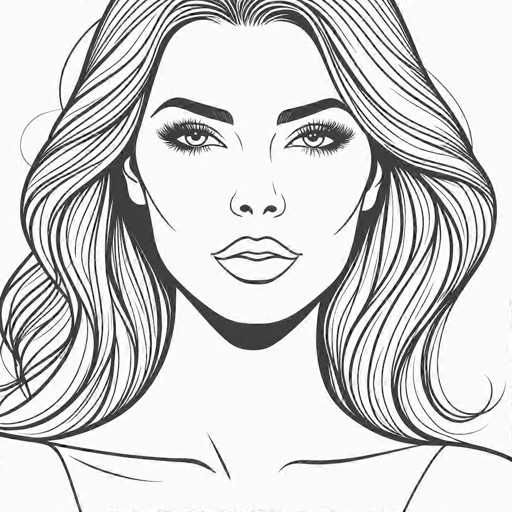 This black and white illustration features a strikingly beautiful woman with a serene expression. Her long, wavy hair cascades down to her shoulders, framing her face with soft curls at the ends. She has thick, well-defined eyebrows and long eyelashes that accentuate her light-colored eyes. Her full lips are slightly parted, adding to her calm demeanor. The woman is wearing a top that reveals her collarbones, and the image captures her from the shoulders up. The background is a plain white, which makes her detailed features stand out even more. The overall style of the drawing is reminiscent of a coloring book, with its bold black outlines and intricate detailing.