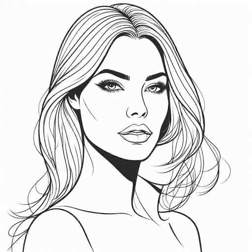 This black and white illustration features a woman with long, wavy hair that cascades past her shoulders. Her hair is parted in the middle, with strands flowing down on either side of her face. She has a fair complexion and is adorned with long, dark eyelashes and thick eyebrows. Her eyes are light-colored, and she has a full, slightly parted mouth. The woman is wearing a sleeveless top, and the image captures her from the shoulders up. She is looking directly at the viewer, with a neutral expression. The background is plain white, emphasizing the detailed line work of the drawing.