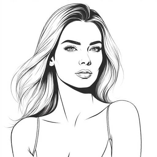 This black and white sketch features a woman with long, wavy hair that cascades down to her shoulders. She is depicted from the chest up, wearing a dress with thin spaghetti straps. Her head is slightly tilted to the right, and she gazes directly at the viewer with a serious expression. Her lips are closed, and her eyes are accentuated with long eyelashes and dark eyebrows. The background is entirely white, emphasizing the detailed line work of the drawing.