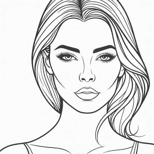 This black and white illustration features a striking woman with a distinct, artistic style. Her hair, which is parted in the middle and falls just below her chin, is adorned with numerous lines that add texture and depth to the image. She has thick, dark eyebrows and long eyelashes that accentuate her expressive eyes. Her lips are full and slightly parted, revealing a hint of her teeth, and her face is framed by sharp cheekbones. The woman is wearing a tank top, with the straps visible on her shoulders. Her neck is long and slender, leading down to her shoulders. The background is a stark white, which contrasts sharply with the black lines of the drawing, emphasizing the woman's features and making the image visually captivating.