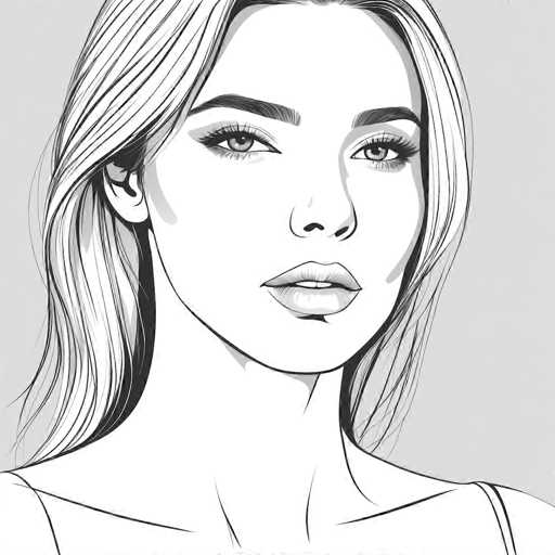This black and white pencil drawing depicts a young woman with a serene and contemplative expression. Her long, wavy hair cascades down to her shoulders, with a few strands tucked behind her ear. She has thick, dark eyebrows that contrast with her light-colored eyes, which are accentuated by long eyelashes. Her lips are slightly parted, revealing her top teeth, and her nose is gently upturned. The woman is wearing a white tank top with thin straps, and her bare shoulders are visible. The background is a light gray, providing a subtle contrast to her pale complexion. The drawing captures her from the top of her head to just below her shoulders, emphasizing her graceful and delicate features.