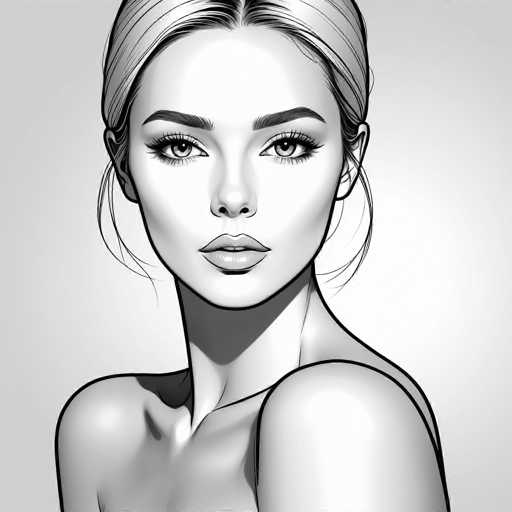 The image is a black and white line drawing depicting a woman with blonde hair styled in an updo. The woman's face is the main focus of the artwork, which is rendered in a sketchy style using shading techniques to create depth and dimension.