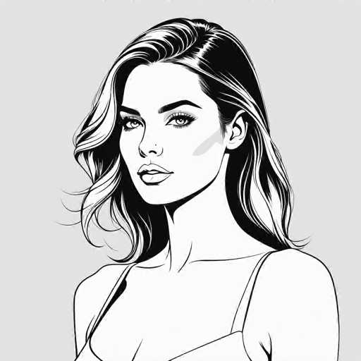 This black and white illustration features a striking woman with long, wavy hair that cascades past her shoulders. Her hair is predominantly black, accentuated with white highlights that add depth and texture. She has a fair complexion and is adorned with a subtle touch of blush on her left cheek, adding a hint of color to the monochromatic palette. Her expressive eyes are framed by thick, black eyebrows and long eyelashes, and she has a small nose piercing. Her lips are slightly parted, revealing a glimpse of her teeth, and she gazes directly at the viewer with a captivating expression. She is dressed in a white top with thin straps, and the image captures her from the chest up, emphasizing her elegant and poised demeanor.