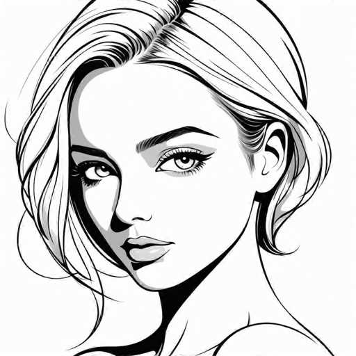 This black and white illustration features a young woman with a striking, anime-inspired appearance. Her hair is short, wavy, and blonde, styled in a way that it frames her face and falls just below her ears. She has large, expressive eyes with prominent eyelashes and well-defined eyebrows. Her lips are full and slightly parted, giving her a contemplative expression. The woman is depicted from the shoulders up, with her head turned slightly to the left, gazing directly at the viewer. The background is plain white, emphasizing the intricate details of her facial features and hairstyle. The overall style is reminiscent of a detailed comic book or graphic novel illustration.