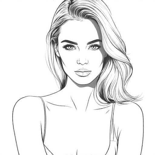 This black and white pencil drawing depicts a young woman, likely in her early 20s, with a serious expression. She has long, wavy blonde hair that cascades over her left shoulder, with a few strands tucked behind her right ear. Her hair is parted in the middle, and she has thick, dark eyebrows that frame her light-colored eyes, which are accentuated with eyeliner and mascara. Her full lips are closed, and she has a slender nose. She is wearing a thin-strapped top, possibly a tank top or dress, with the straps visible on her shoulders. The drawing captures her from the chest up, and she is looking directly at the viewer. The background is plain white, emphasizing the detailed shading and lines of the sketch.