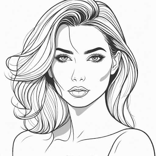 This black and white illustration features a woman with a striking, serious expression. She has long, wavy hair that cascades down to her shoulders, with a distinctive strand falling over her right eye. Her hair is parted on the left side, revealing a forehead that is slightly angled to the right. The woman's eyebrows are thick and well-defined, complementing her long eyelashes and light-colored eyes. Her nose is small and delicate, while her lips are full and slightly parted, revealing a hint of her teeth. She has a slender neck and is wearing a top that leaves her shoulders bare. The background is a clean, unadorned white, which accentuates the detailed and realistic style of the drawing. The overall composition is centered, with the woman's face and upper body dominating the frame.