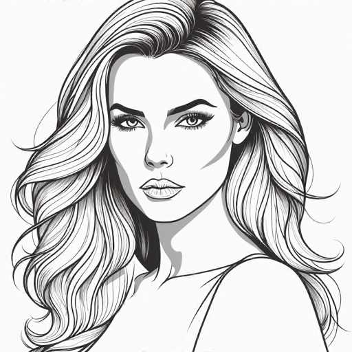 The image is a black and white line drawing depicting a woman with long hair wearing a tank top. The woman's face is the main focus of the illustration, which is rendered in a sketch-like style using shading techniques to create depth and dimension.