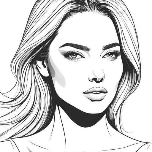 This black and white illustration features a woman with long, wavy hair that cascades down to her shoulders. Her hair is parted in the middle, with strands flowing gracefully on either side of her face. She has a striking, angular jawline and a long, slender neck. Her eyes are accentuated with long eyelashes and defined by thick eyebrows. The woman's lips are slightly parted, revealing a glimpse of her teeth. She is dressed in a white top, and the image captures her from the shoulders up. The background is stark white, which contrasts sharply with the intricate black lines that define her features, giving the illustration a bold and dramatic effect.