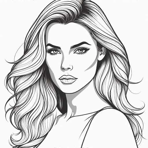 This black and white illustration features a strikingly beautiful woman with long, wavy hair that cascades down to her chest. Her hair is parted in the middle, with strands flowing gracefully on either side of her face. She has a fair complexion and is adorned with subtle makeup, including eyeliner and mascara, which accentuates her expressive eyes. Her lips are full and slightly parted, revealing a hint of her teeth, and her nose is delicately shaped. The woman is dressed in a white top with thin straps over her shoulders, and the image captures her from the chest up. Her head is slightly tilted to the left, and she gazes directly at the viewer with a serene and captivating expression. The background is a simple white, which makes her features stand out prominently.